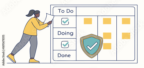 Woman in yellow shirt manages tasks using a digital Kanban board. A teal checkmark shield symbolizes security and project completion. Yellow sticky notes represent tasks.