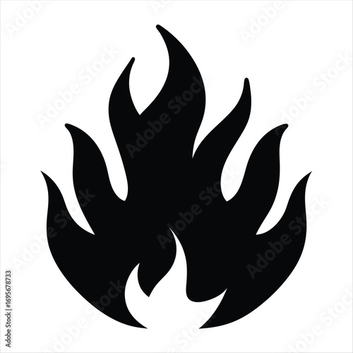 Bold stylized illustration of a black flame against a plain white background