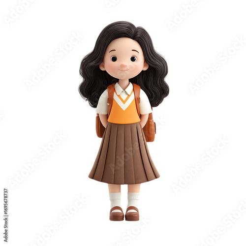 Cute 3D school girl with backpack, ready for education.
