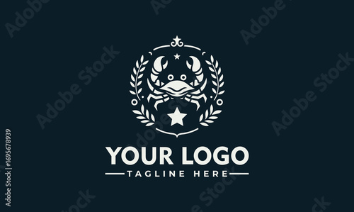 Elegant logo design featuring a crab inside a laurel wreath, topped with a decorative element and a star below.