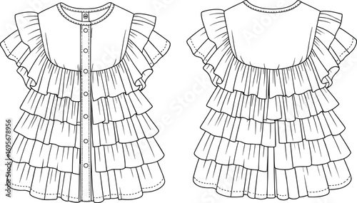 Layered ruffle blouse, women’s button-down top, flutter sleeve shirt, multi-tiered frill design, casual feminine fashion, front and back views.