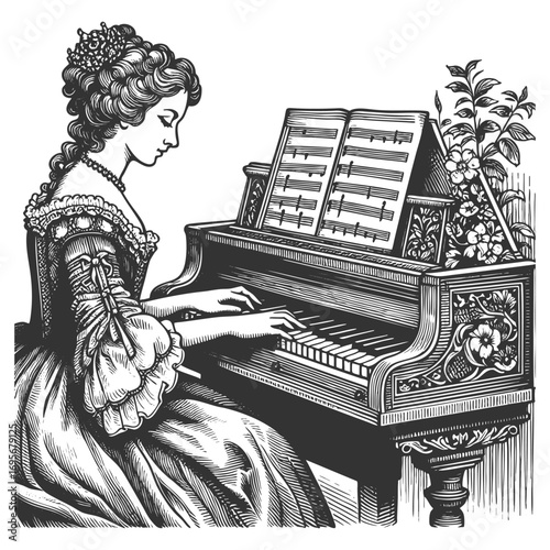elegant woman in historical dress playing a harpsichord with floral decorations and sheet music sketch engraving generative ai fictional character vector illustration. Scratch board. Black and white.