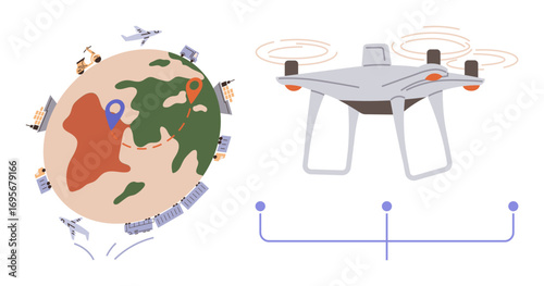 Globe with transport icons representing worldwide logistics and routes. Quadcopter with highlighted connectivity. Ideal for delivery, digital transformation, supply chain, technology, global reach
