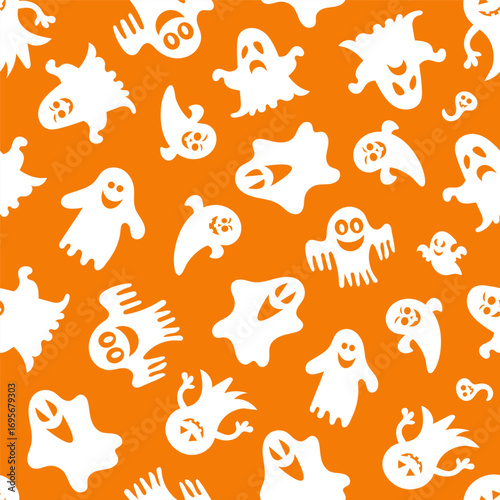Seamless vector pattern for Halloween design. Halloween symbols ghost in cartoon style. Vector Illustration