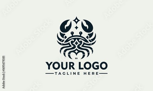 Elegant crab logo design with decorative elements and stars above, displayed on a light background.
