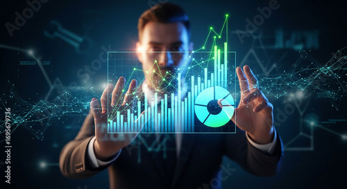 Dynamic financial analyst showcasing business growth with cutting edge technology and data visualization tools