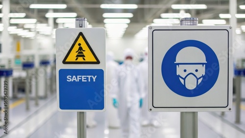 Safety signs in a cleanroom environment with a worker in protective gear, emphasizing health and safety protocols.