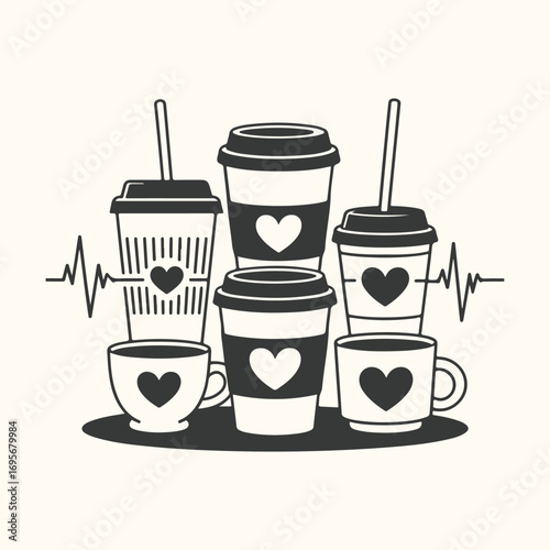 Vector art of a collection of coffee cups and togo cups with heart designs and electrocardiogram lines