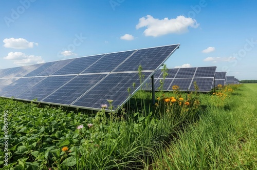 Array of photovoltaic solar panels converting sunlight to electricity in rural landscape under sky.