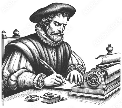 Renaissance scribe seated at a desk, writing with quill on parchment, symbolizing knowledge, history, and scholarship sketch engraving generative ai vector illustration. Scratch board. Black and white
