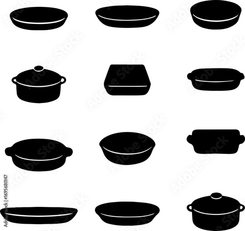 Frying pan black vectors, kitchen element art, vegetable pot silhouette, cooking pot set, set of pans, collection of kitchens, pan black color silhouettes, modern pan silhouette art vector icon design