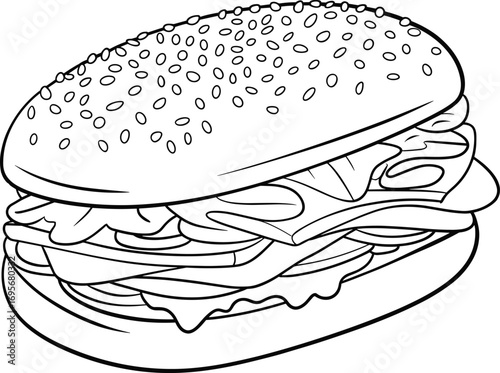 Delicious sandwich line art, burger coloring page, black and white fast food illustration, printable sub image, sesame bun sketch
