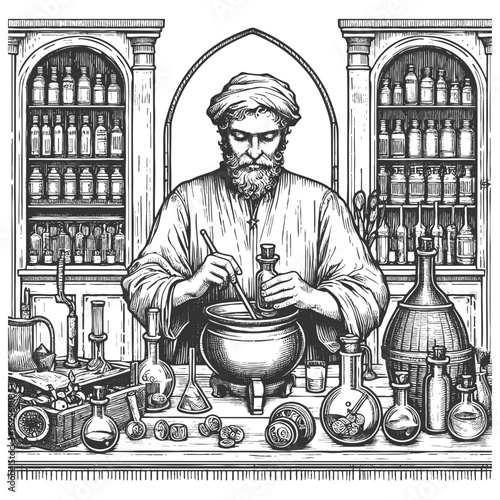 old alchemist working in a laboratory surrounded by flasks, scales, and mysterious equipment sketch engraving generative ai fictional character vector illustration. Scratch board. Black and white.