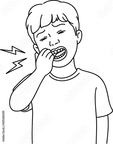 Child toothache pain illustration, boy with dental problem, kid holding cheek, black and white line art, teeth ache drawing
