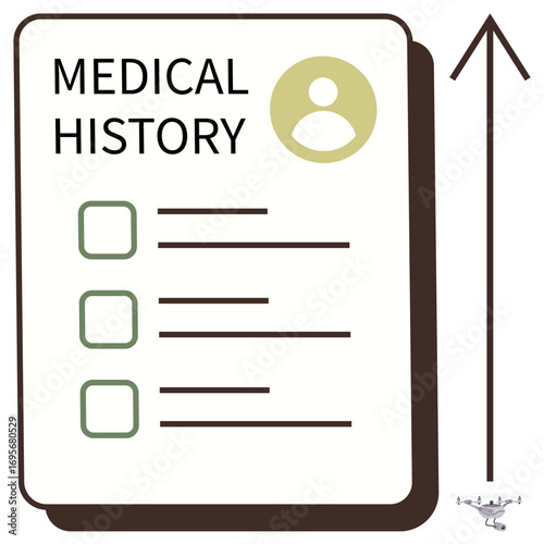 Medical history form with checkboxes, profile icon, upward arrow symbolizing progress. Ideal for records management, patient care, healthcare planning, medical research, wellness tracking
