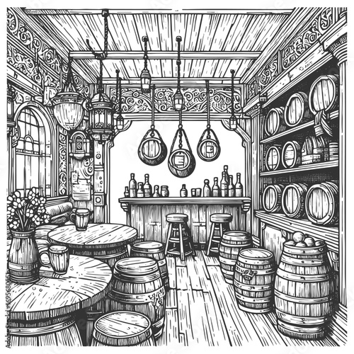 old tavern interior featuring wooden barrels, bottles, rustic tables, lanterns, and decorative windows sketch engraving generative ai vector illustration. Scratch board imitation. Black and white.