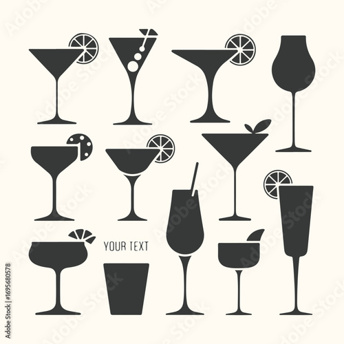 Vector art of collection of various cocktail glasses with garnishes, isolated on a light background