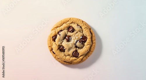 Delicious single chocolate chip cookie flat lay against pastel backdrop