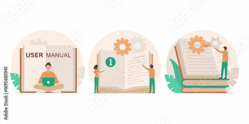 Illustrations of people interacting with user manuals and instruction guides showing learning and understanding processes