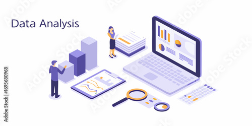 Isometric illustration of data analysis with charts graphs laptop and people working on business reports