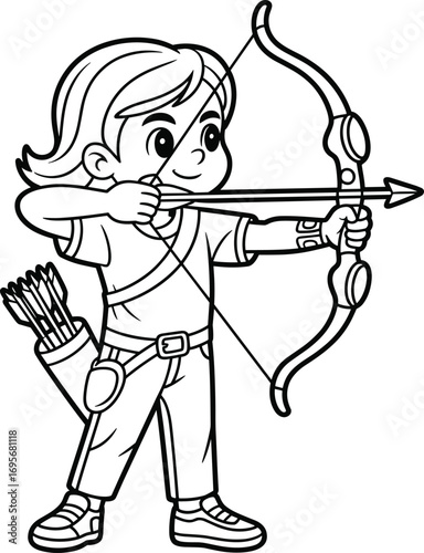 Cartoon kid archer with bow and arrow, black and white line art, archery illustration for children, sports drawing design