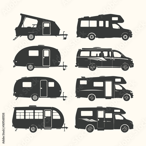 Vector art of collection of various camper van and caravan silhouettes
