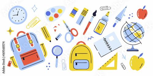 Colorful collection of school supplies and backpacks on a white background