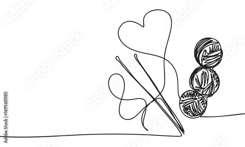 Knitting Love A Continuous Line Illustration of Yarn Needles and Heart