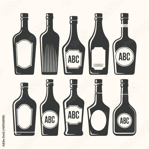Vector art of collection of ten assorted dark glass liquor bottles with blank labels