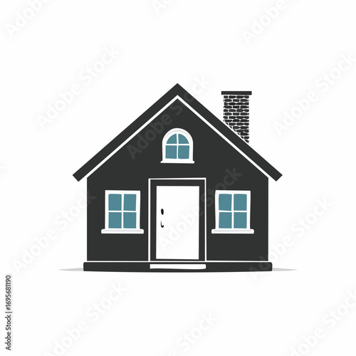 A stylized illustration of a simple dark gray house with a peaked roof and chimney on a white background