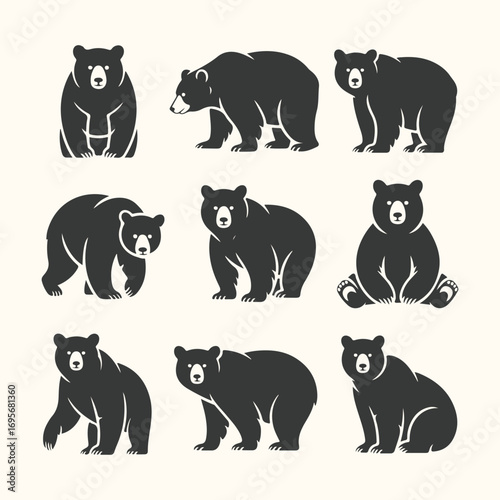 Vector art of collection of black bear illustrations in various poses, isolated on a
