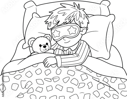 Cartoon boy sleeping in bed, holding teddy bear, black and white line art, bedtime illustration, cozy child dream drawing