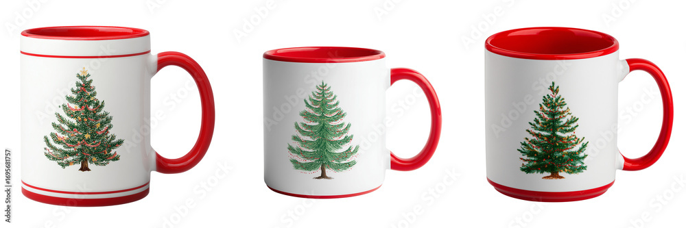 Obraz premium Set of Christmas coffee cup shaped like a holiday tree, detailed decorations, eggnog inside on transparent png background. Ai generated