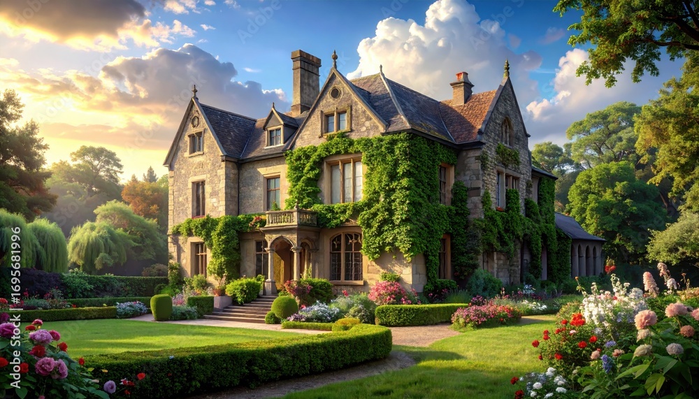 Fototapeta premium A large, stone manor house with a lush, colorful garden under a beautiful, sunny sky.