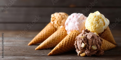 Variety of delicious ice cream scoops in cones on a wooden surface.