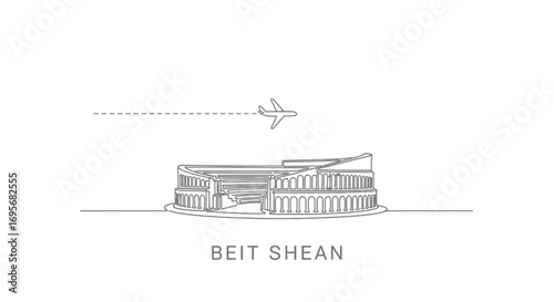 Beit Shean ruins line drawing with airplane, and travel.