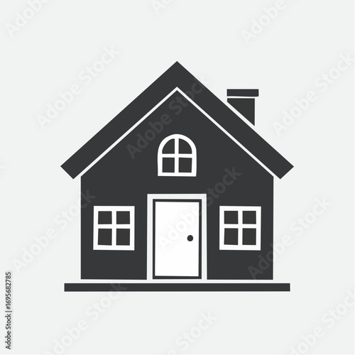 Simple vector illustration of a classic home with a pitched roof, front door, and windows, representing housing and residential property