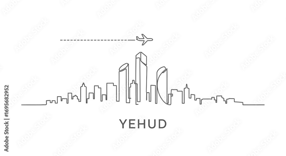 Fototapeta premium Yehud skyline with plane, cityscape, and travel concept.