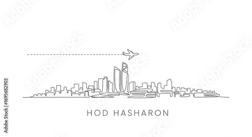 Hod Hasharon skyline with Line Art, and Airplane.