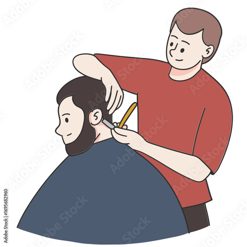 Bearded man getting his hair shaved with razor in barber shop