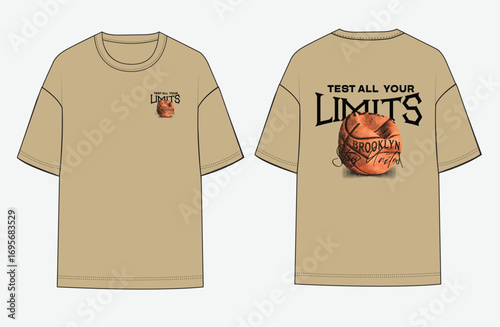 Flat sketch of a beige oversized streetwear T-shirt featuring motivational “Test All Your Limits” lettering and a vintage basketball illustration with Brooklyn detail. modern urban fashion, sports