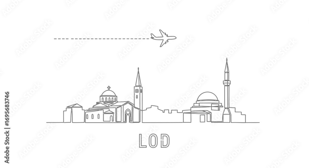 Fototapeta premium Lod skyline with Israel Plane, and travel Line art.