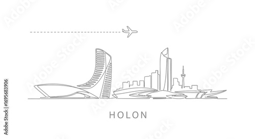 Holon Israel Skyline Silhouette with Airplane Minimal.