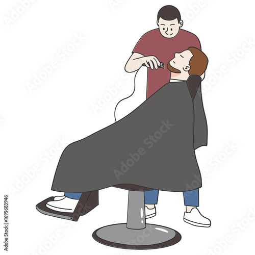 Young bearded man getting shaved in barber shop