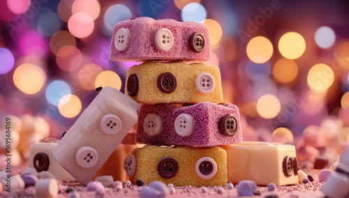 Stacked colorful blocks, adorned with buttons, sit amidst a bed of sprinkles.  Bokeh effect