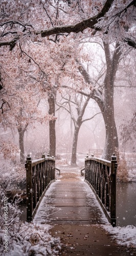 Snowy winter park scene with bridge