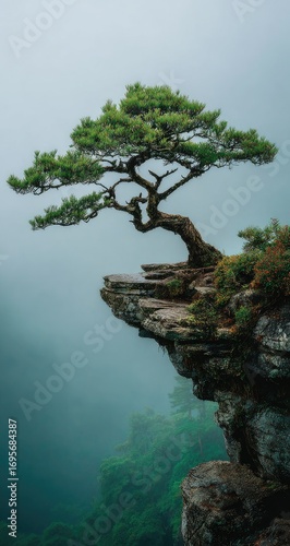 Misty clifftop, lone pine tree