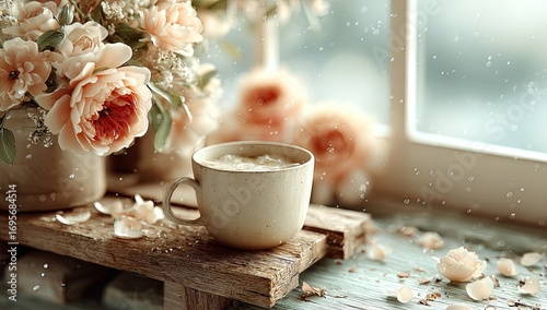 Soft-focus coffee cup, pale roses, and window