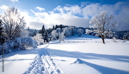 Wallpaper Mural A serene winter landscape, a path winds through deep, untouched snow, leading towards frosted trees and evergreen conifers on a gentle hillside under a vibrant, blue sky dotted with puffy clouds, Torontodigital.ca
