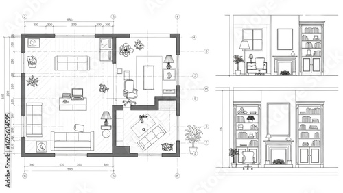 Classic Home Office Design | 2D AutoCAD Drawing with Furniture Layout and Elevation Blueprint